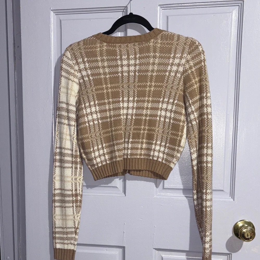 Hollister Plaid V-Neck Cardigan - Tan and Cream